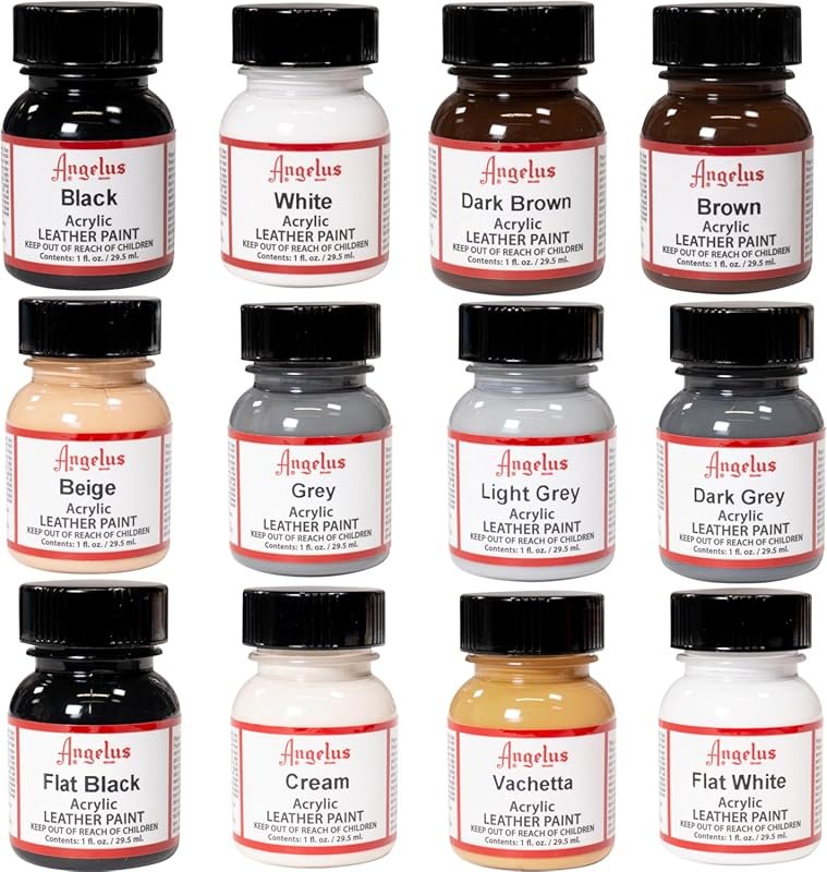 Angelus Acrylic Leather Paint Starter Kit Set of 12 Pack Paint 1oz Bla
