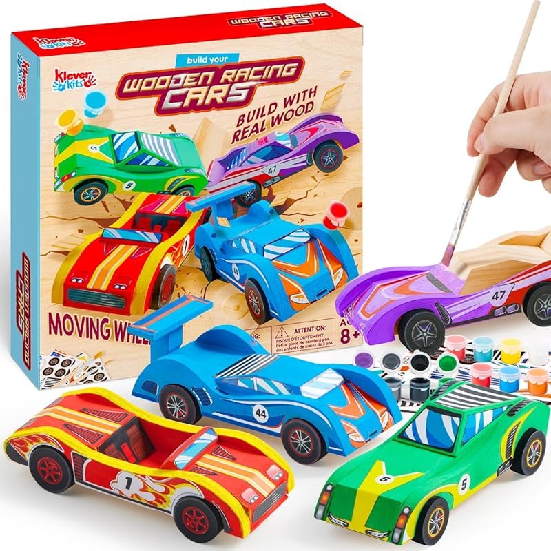 Klever Kits: 4 Wooden Race Cars Craft Kit – Build and Paint Your Own D