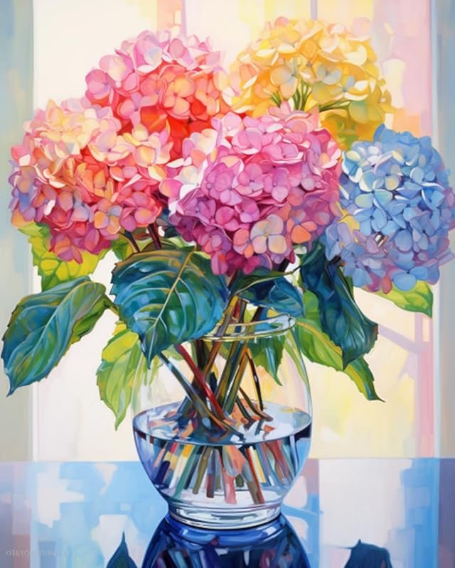 Paint by Numbers Kit for Adults, Hydrangea in Vase Window Landscape, 1
