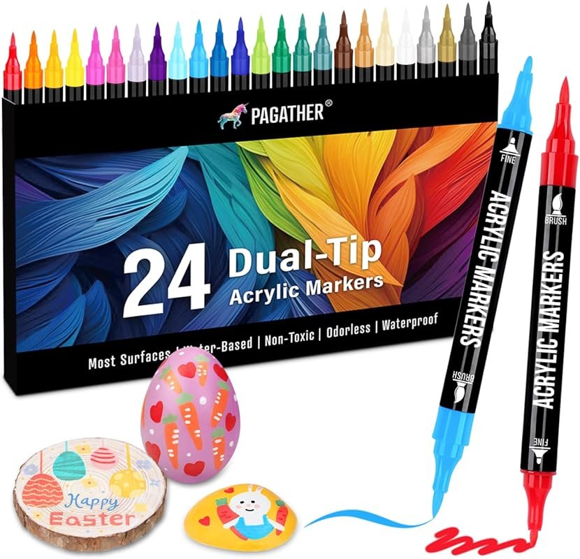 24 Colors Dual Tip Acrylic Paint Markers with Fine and Brush Tips for 