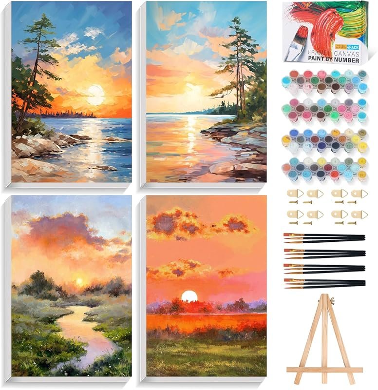 4 Pack Framed Paint by Numbers Kit for Adults, Landscape Designs with 