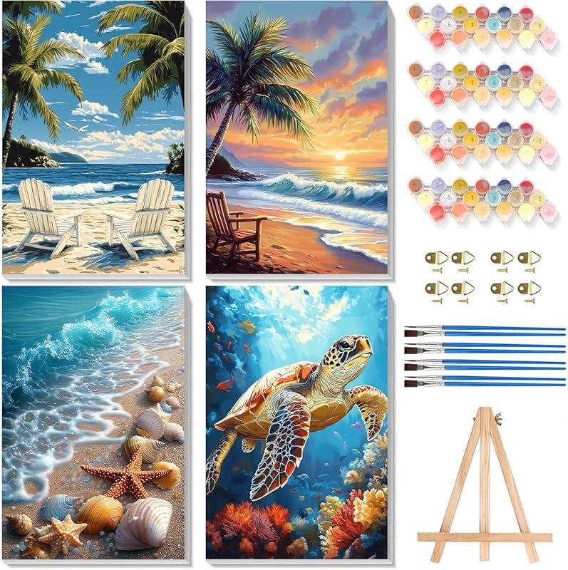 4-Pack Framed Paint by Numbers for Adults: Easel, Sea Turtle Beach Art