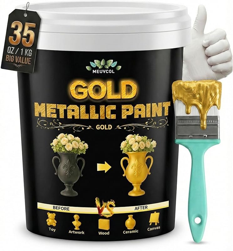 Meuvcol Metallic Liquid Gold Leaf Paint, 35 Floz - Non Toxic Shiny Acr