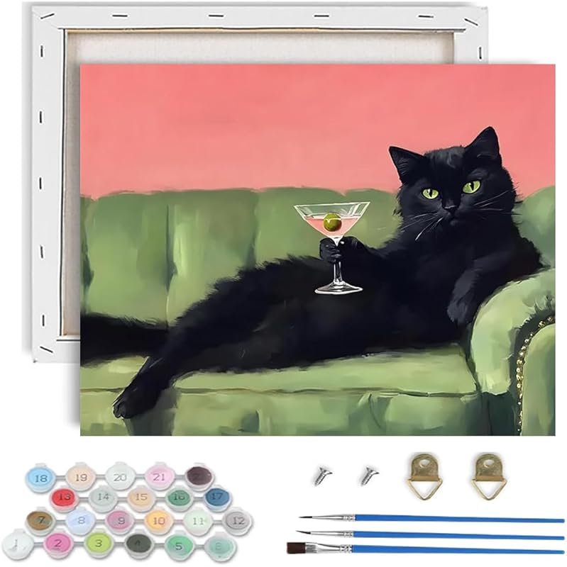 Framed Cat Paint by Numbers Kit for Adults, Retro Acrylic Oil Painting