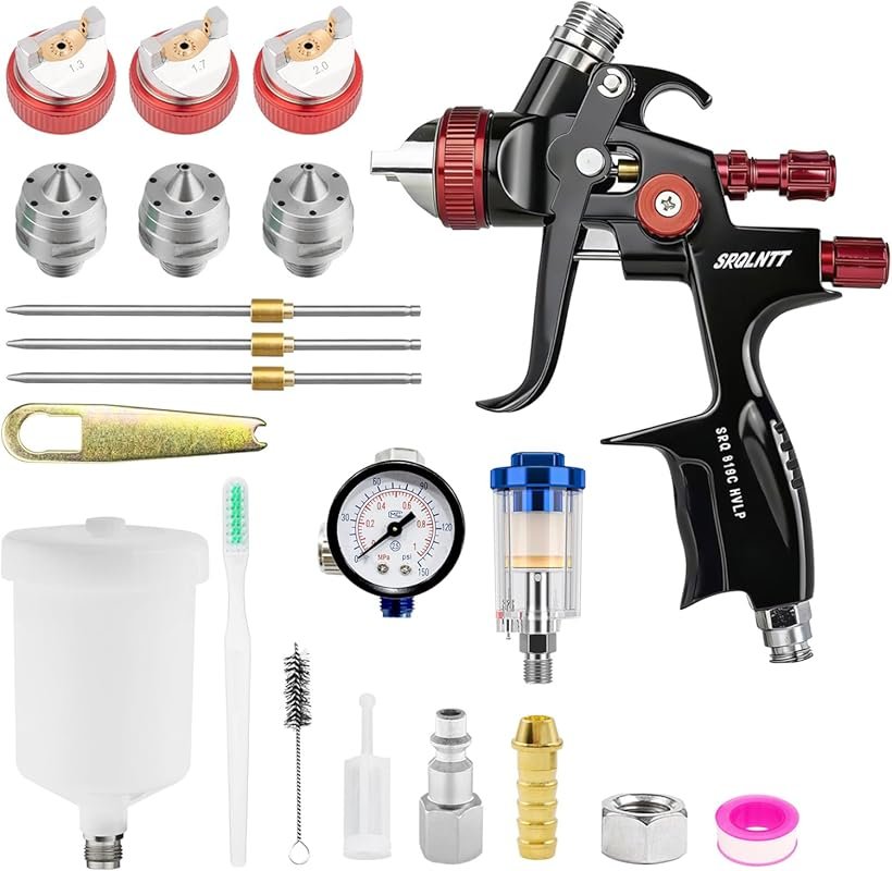 HVLP Automotive Paint Gun with 1.3-2.0mm Nozzles and Air Regulator for