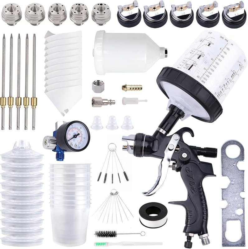HVLP Gravity Feed Automotive Paint Gun with 10 Disposable Cups, 5 Nozz