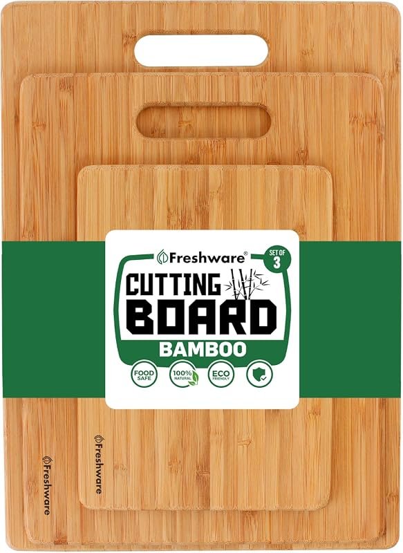Freshware Bamboo Cutting Board Set of 3 – Food‑Grade, Knife‑Friendly, Lightweight with Hanging Hole