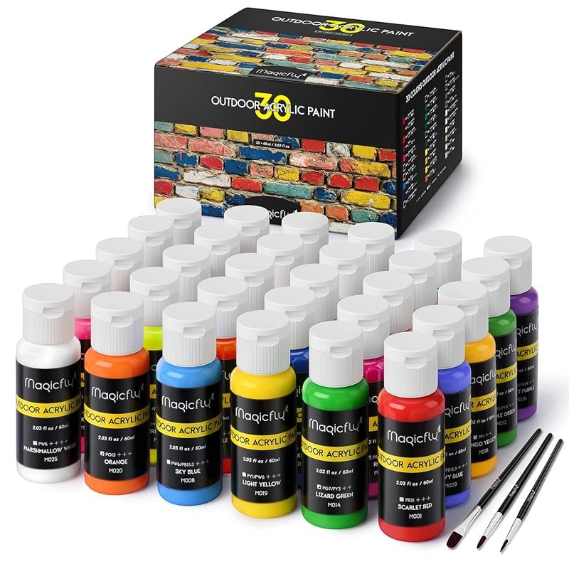 Magicfly Outdoor Acrylic Paint – 30 Premium Colors, 60 ml Bottle, Includes 3 Brush Set for Easy Application