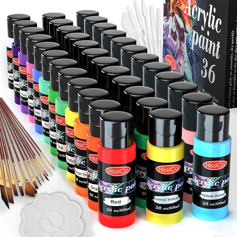 36‑Color 2 oz Acrylic Paint Set – 55 pcs, 12 Non‑Toxic Brushes, No‑Fad