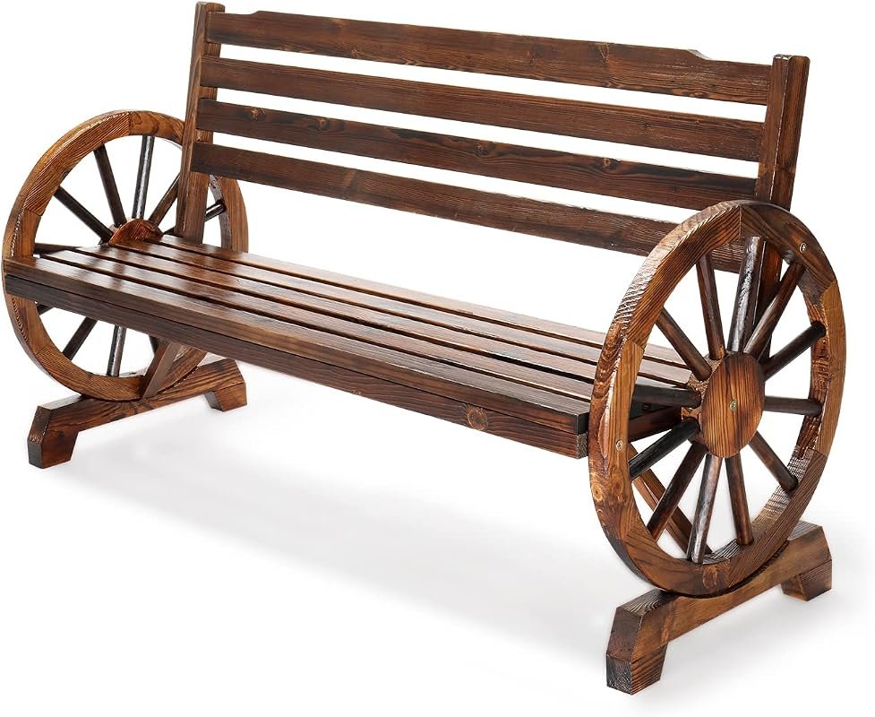 VINGLI Rustic Wooden Wheel Bench, 55‑in Slatted Seat, 350 lb Capacity,