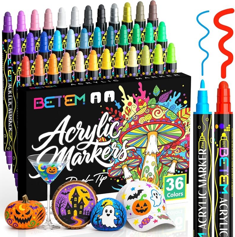 Betem 36‑Color Dual‑Tip Acrylic Paint Markers Kit – Fabric‑Friendly, B