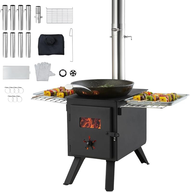 VEVOR Alloy Steel Wood Stove – 1400in³ Firebox Tent Heater with 8 Chim