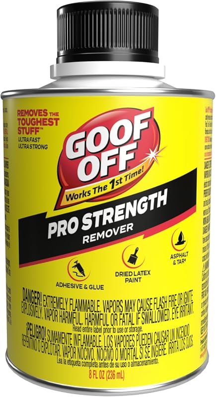 Goof Off Pro Strength Remover dissolves dried latex paint, adhesive, c