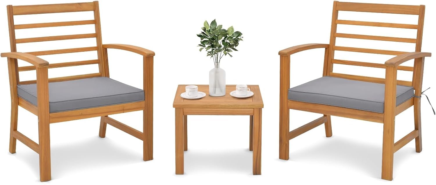 Tangkula 3‑Piece Acacia Wood Outdoor Conversation Set with Soft Cushio