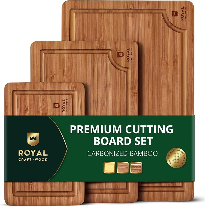 Royal Craft Wood Bamboo Cutting Board Set with Deep Juice Groove, Side Handles, Charcuterie & Butcher Block