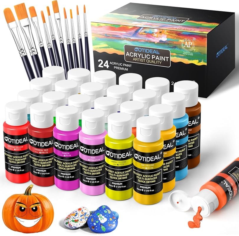 GOTIDEAL 24‑Color 2 oz Acrylic Paint Set with Brushes – Vibrant Pigmen