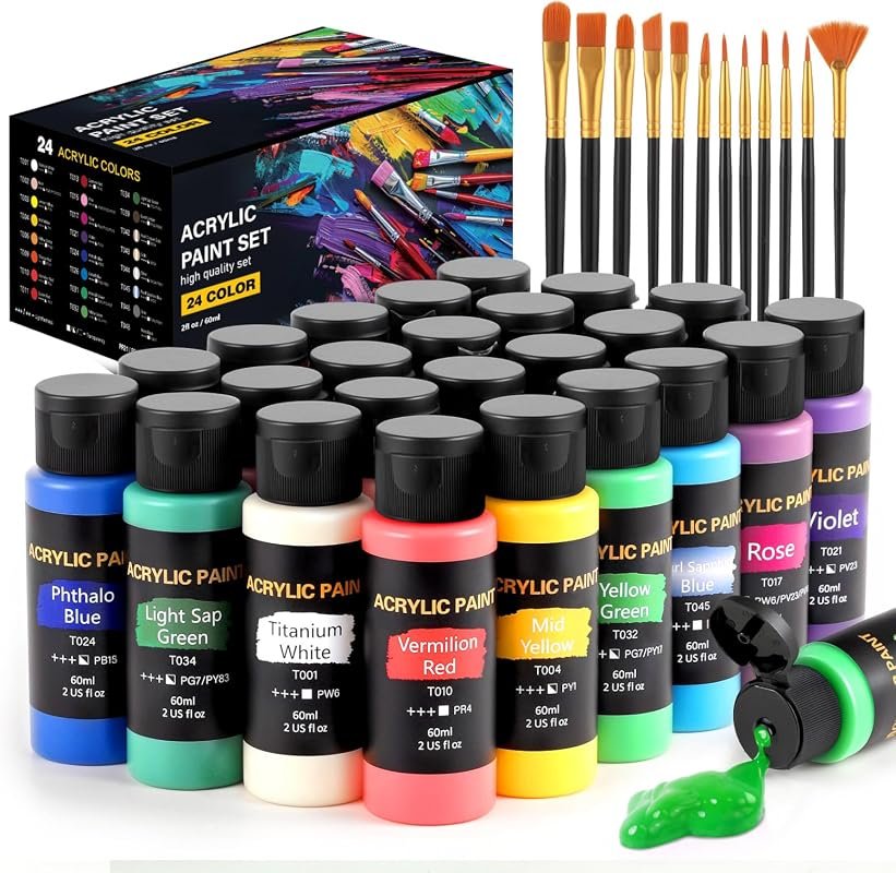 TMOL 24‑Color 2 oz Acrylic Paint Set with 12 Brushes – Rich Pigments f