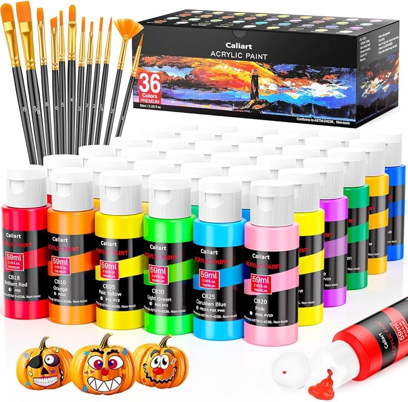 Caliart 36‑Color Acrylic Paint Set with 12 Brushes – Rich, Non‑Toxic P