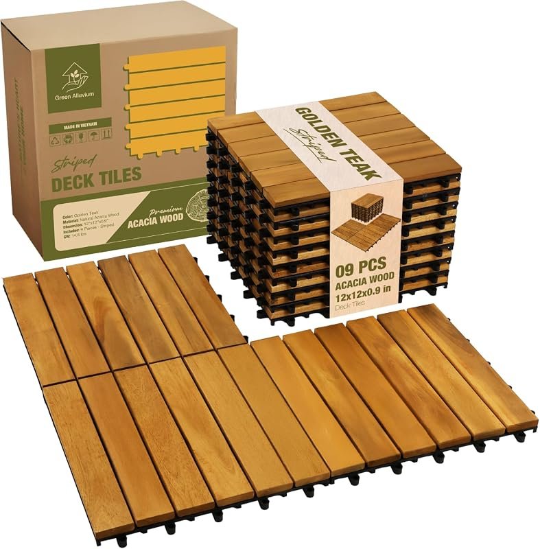 Acacia Wood Interlocking Deck Tiles, 12‑inch, Pack of 9, Easy Install 