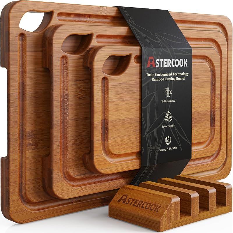 Astercook Deep‑Carbonized Bamboo Cutting Boards with Storage Stand, Reversible Design, Juice Grooves, Easy‑Grip Handles