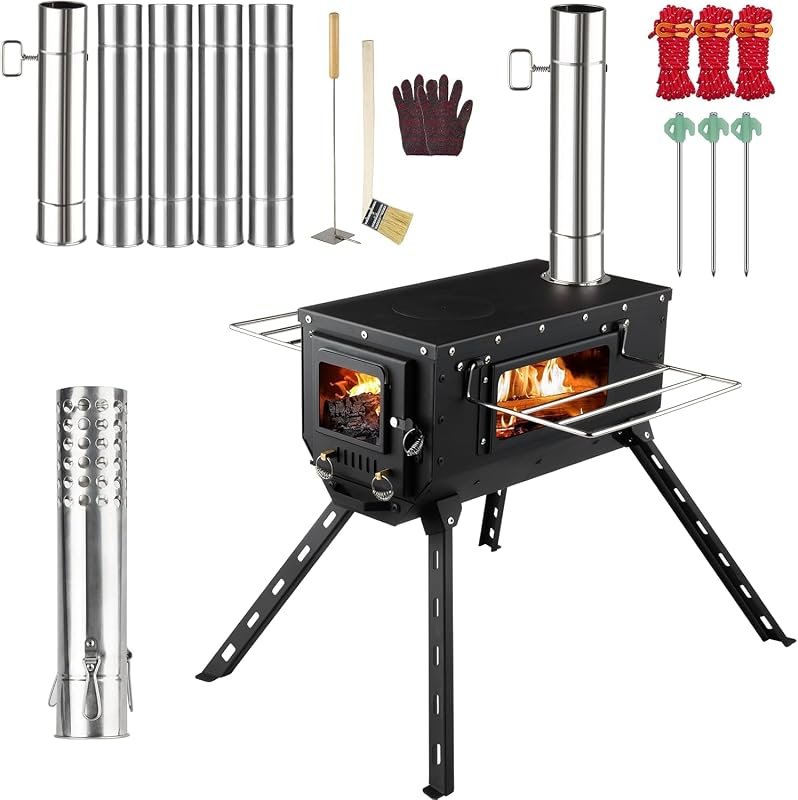 AVOFOREST Tall‑Feet Hot Tent Wood Stove – 6‑Pipe Stainless Chimney for
