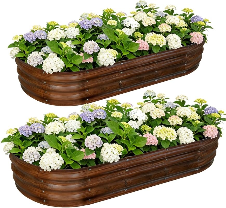 2‑Piece 6×3×1 ft Oval Galvanized Raised Garden Bed with Brown Wood‑Gra