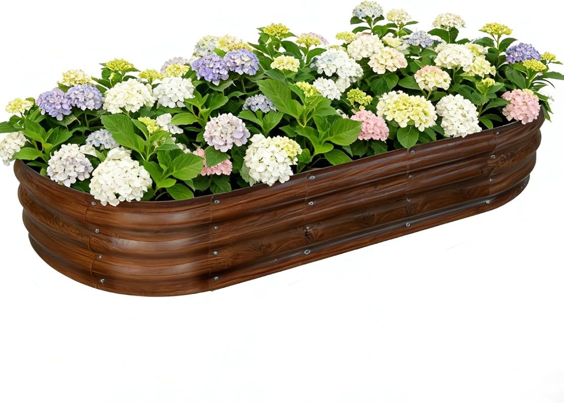 6×3×1 ft Oval Galvanized Raised Garden Bed with Brown Wood‑Grain Finis