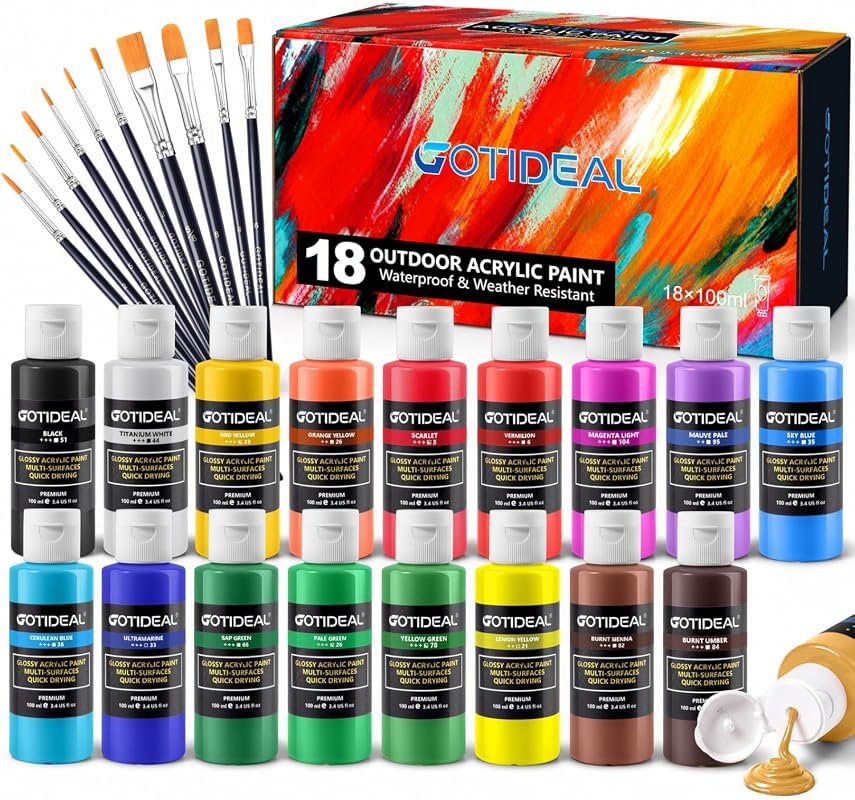 GOTIDEAL Outdoor Acrylic Paint Set – 18 Waterproof Colors, 3.4 oz (100 ml) Pack, Perfect for Metal & Wood