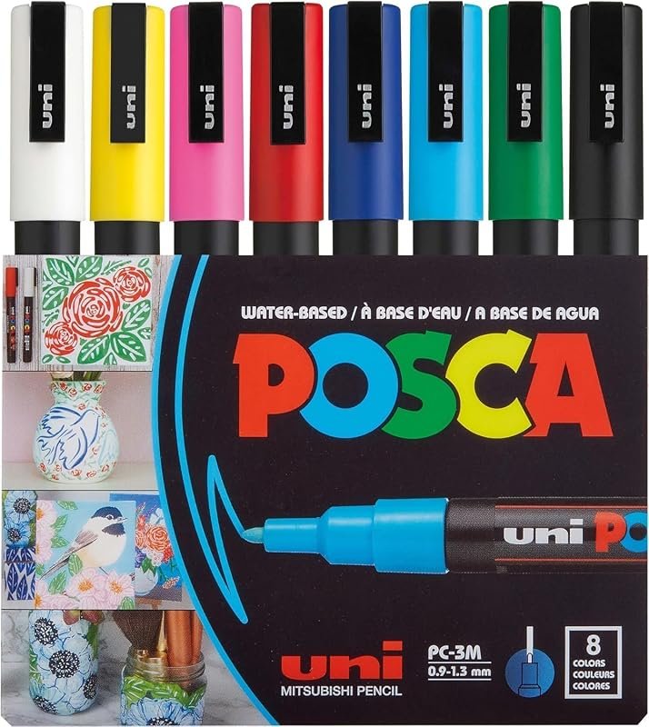 POSCA PC-3M Paint Markers – Fine Tip 0.9-1.3 mm, Assorted Colors, 8-Pa