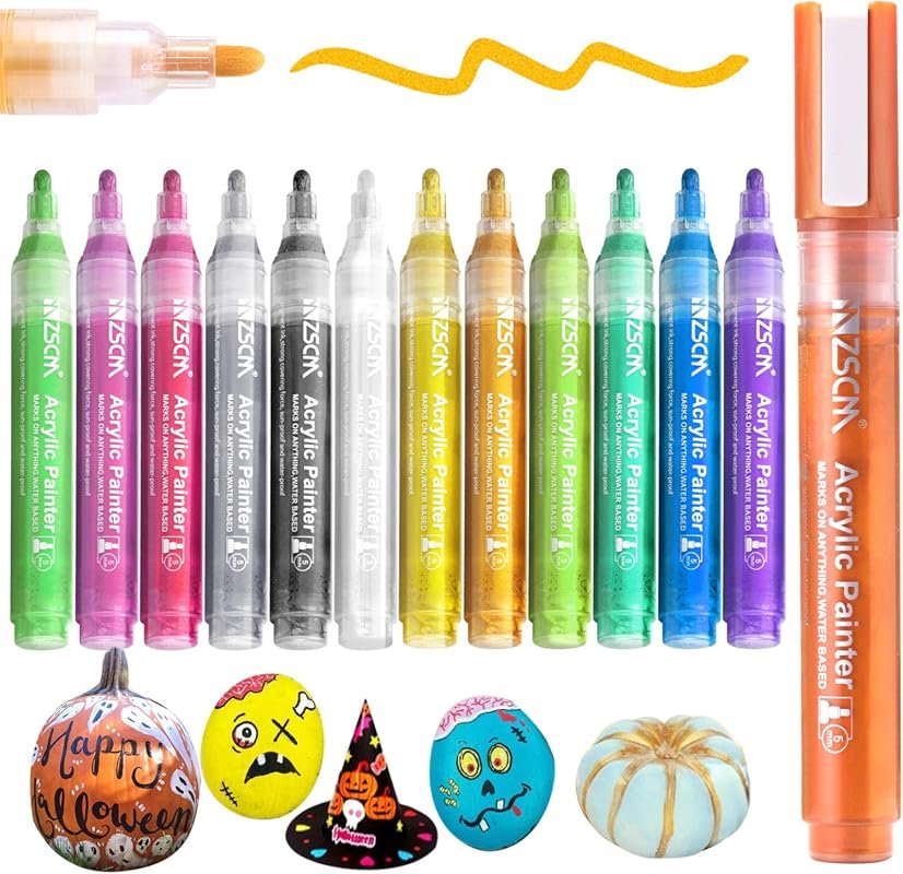 ZSCM 12-Color Paint Pens, Acrylic Markers for Halloween Pumpkin Painting