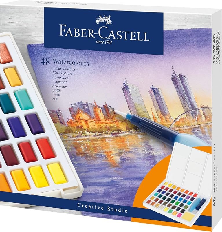 Faber-Castell Portable Watercolor Palette Set with 48 Half-Pan Colors, Mixing Palette, Brush & Sponge