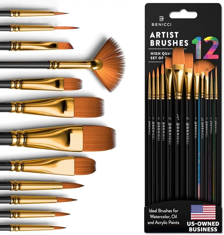 Professional Artist 12-Piece Paint Brush Set for Acrylic and Watercolo