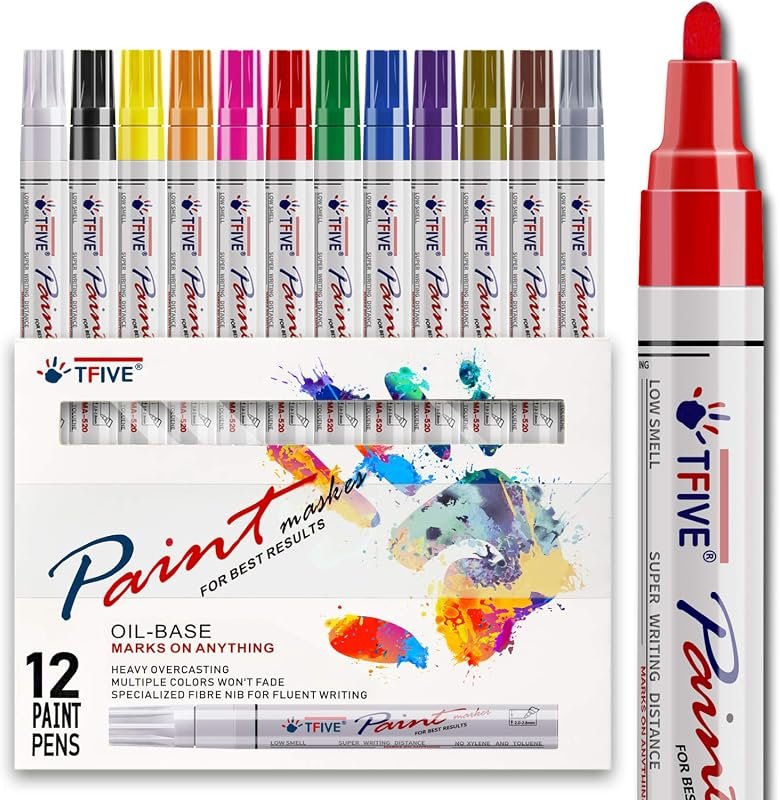 TFIVE 12-Color Oil-Based Paint Markers Permanent Pens for Vivid, Long-Lasting Artwork Projects