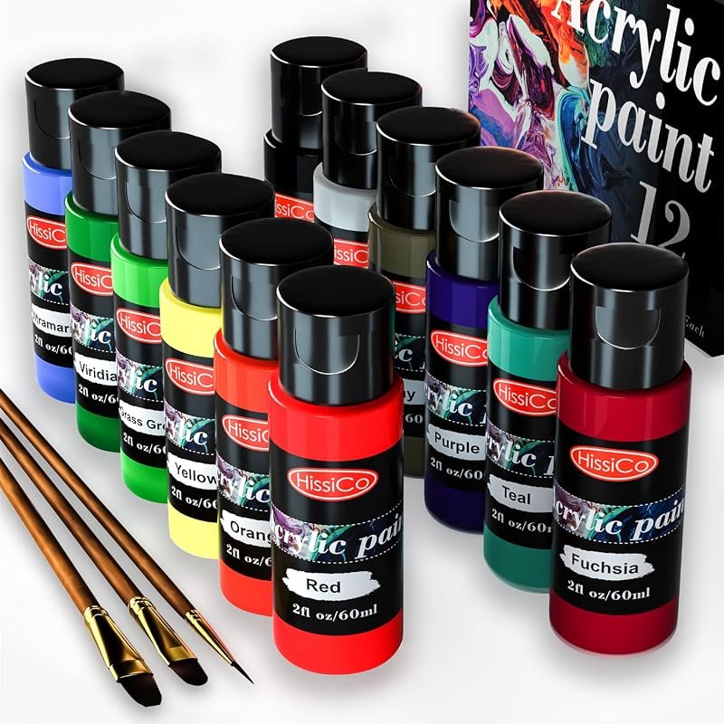 Acrylic Paint Set, 12 Colors, 2 fl oz Bottles, Non-Toxic, No-Fade Rich Pigment for All Ages