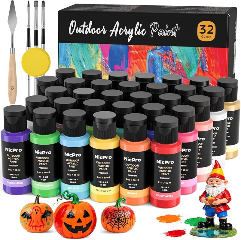 Nicpro 32 Colors Outdoor Acrylic Paint Set, 2 oz Each – Waterproof, Vi
