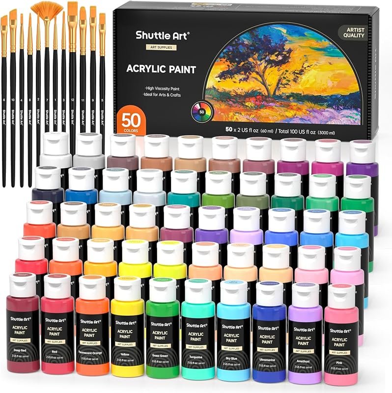 Shuttle Art 50 Colors Acrylic Paint Set with Rich Pigments, Waterproof