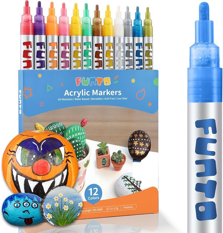 Funto 12-Color Acrylic Paint Pens for Rock Painting, Fabric, Wood, Gla