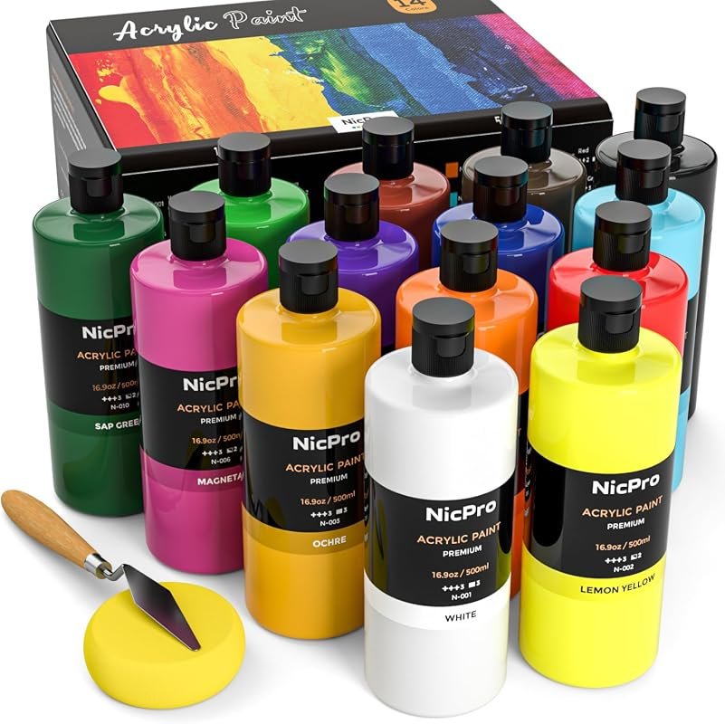 Nicpro 14-Color Large Bulk Acrylic Paint Set for Artists, 16.9 oz Bottles