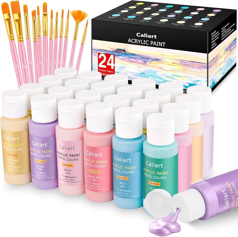 Caliart Pastel Acrylic Paint Set with 24 Colors and 12 Brushes, Great for Arts and Crafts
