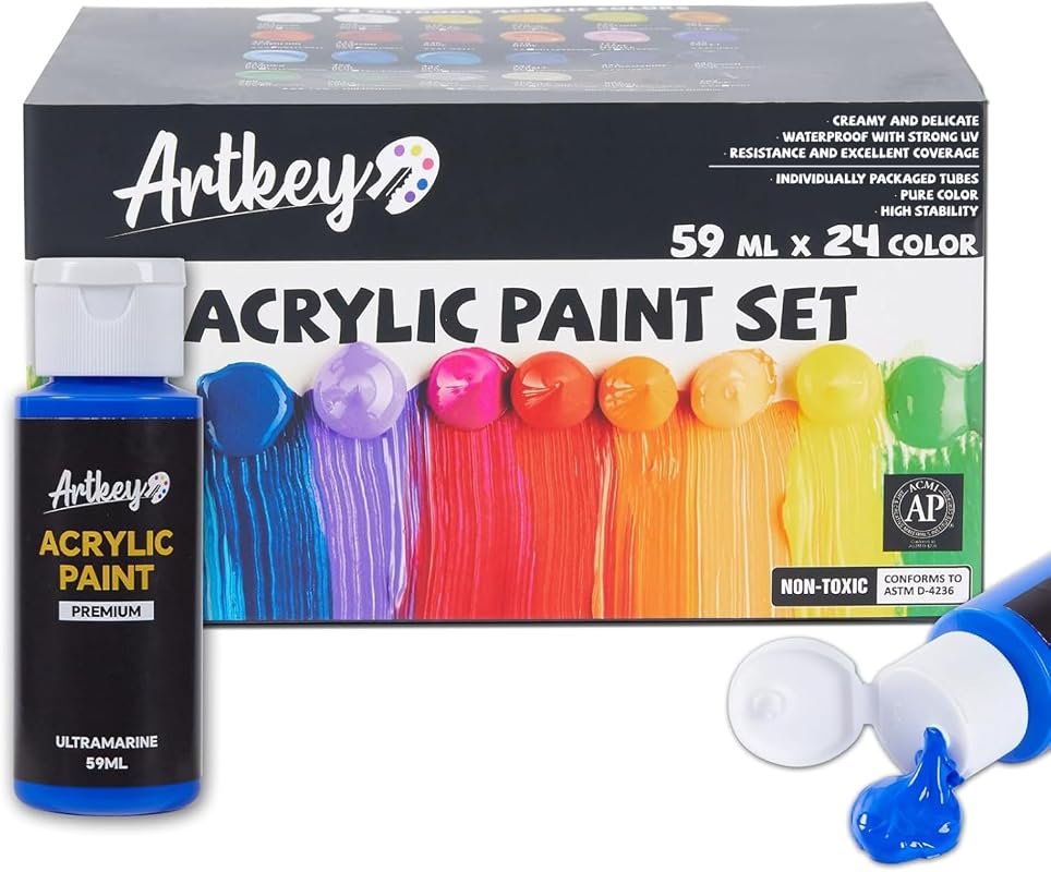Artkey Acrylic Paint Set with 24 Colors, suitable for canvas, wood, fa