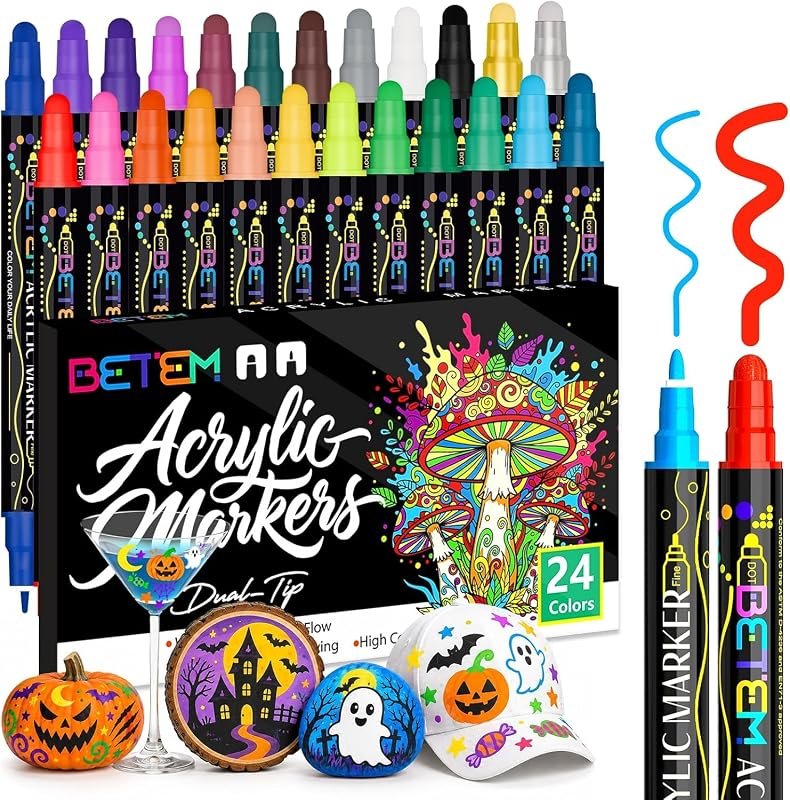 Betem 24-Color Dual-Tip Acrylic Paint Markers for Fabric, Decorating Kits for DIY