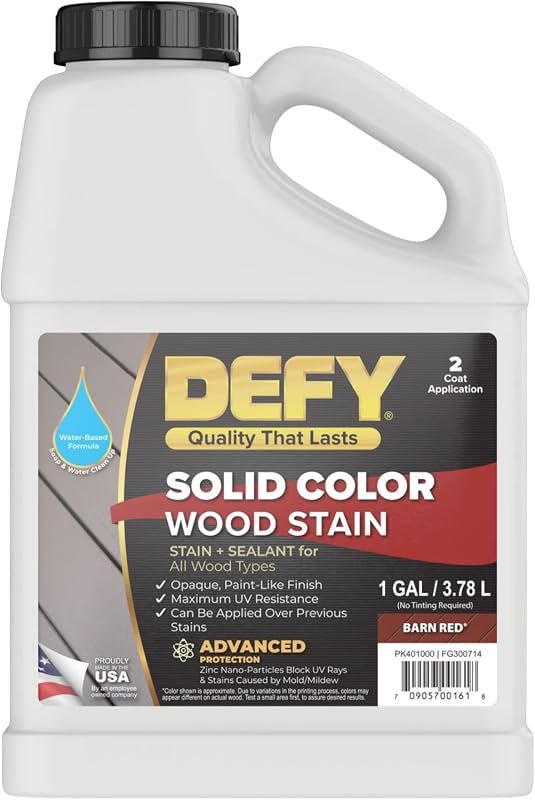 DEFY Solid Color Wood Stain for Decks and Fences, Barn Red, 1-Gallon, UV Protection