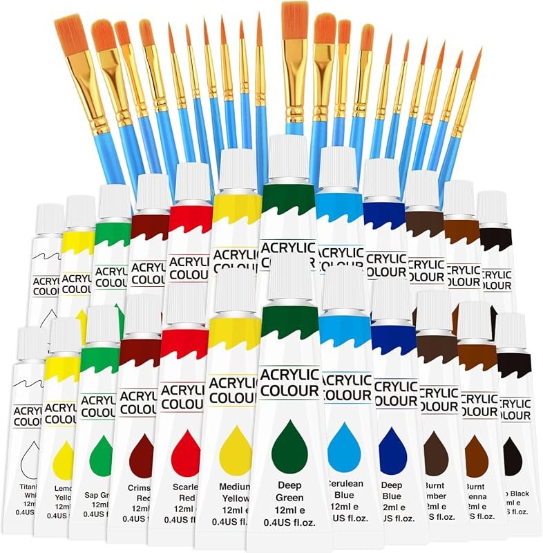 ESRICH Acrylic Paint Set, 12 Colors, 2-Pack with 20 Brushes for Arts