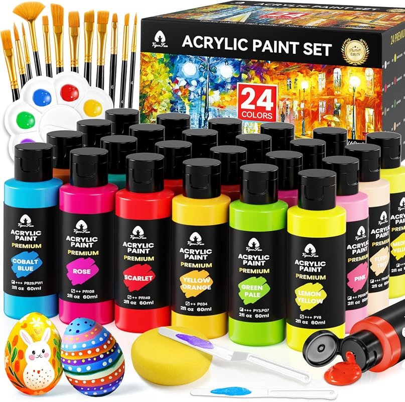 40-Pcs Acrylic Paint Set with 24 Colors, 2oz/60ml Tubes, Brushes, Knives, Palette