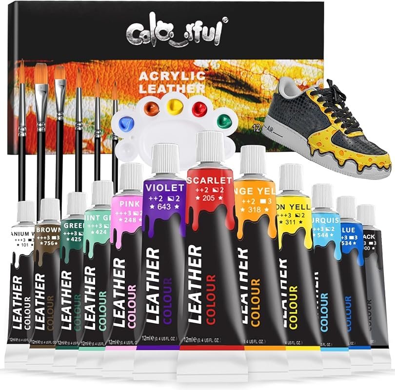 Colorful Leather Paint Set for Shoes, 12 Colors, 0.4 oz Each, Ideal fo