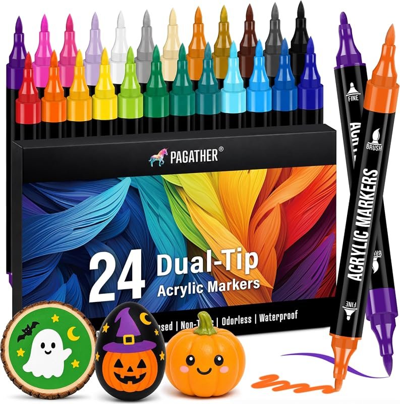 Pagather Acrylic Paint Markers Set with 24 Colors, Dual Tip Fine and Brush Pens