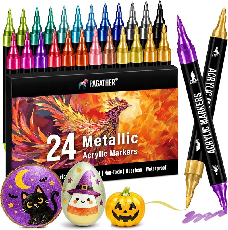 Pagather Metallic Acrylic Paint Markers – 24-Color Dual-Tip Markers Se