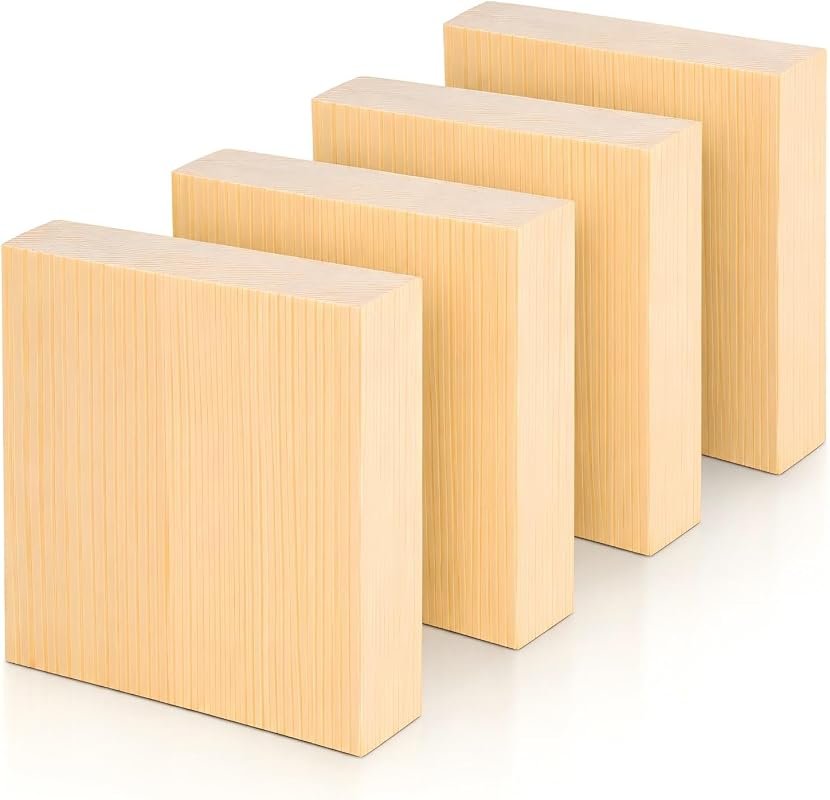 Unfinished Wood Blocks 4 Pack — 4 x 4 x 1 Inch Carving Blocks for DIY