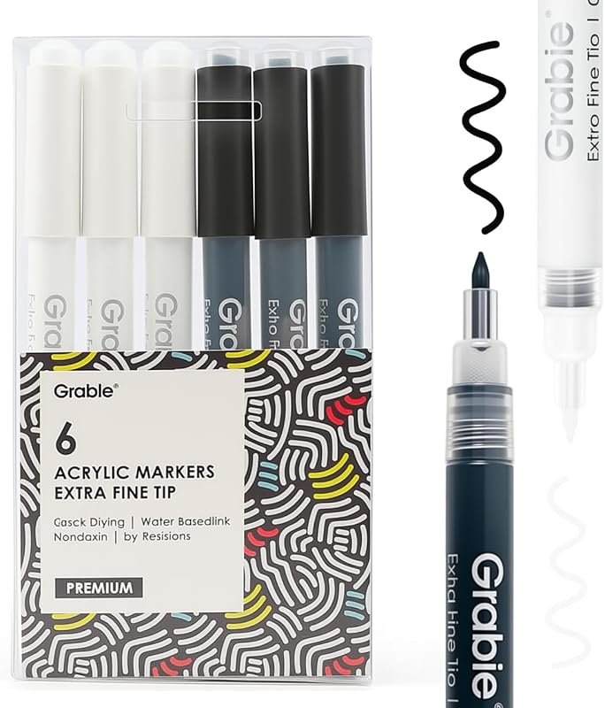 Grabie 6-Pack Black and White Acrylic Paint Markers with 0.7 mm Extra-
