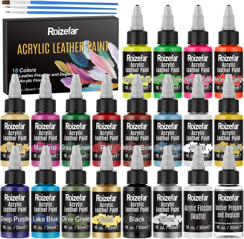 Roizefar Acrylic Leather Paint in 18 Colors with Deglazer and Finisher